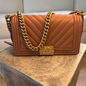 CHANEL Tan Chevron Boy Bag with Gold Hardware
